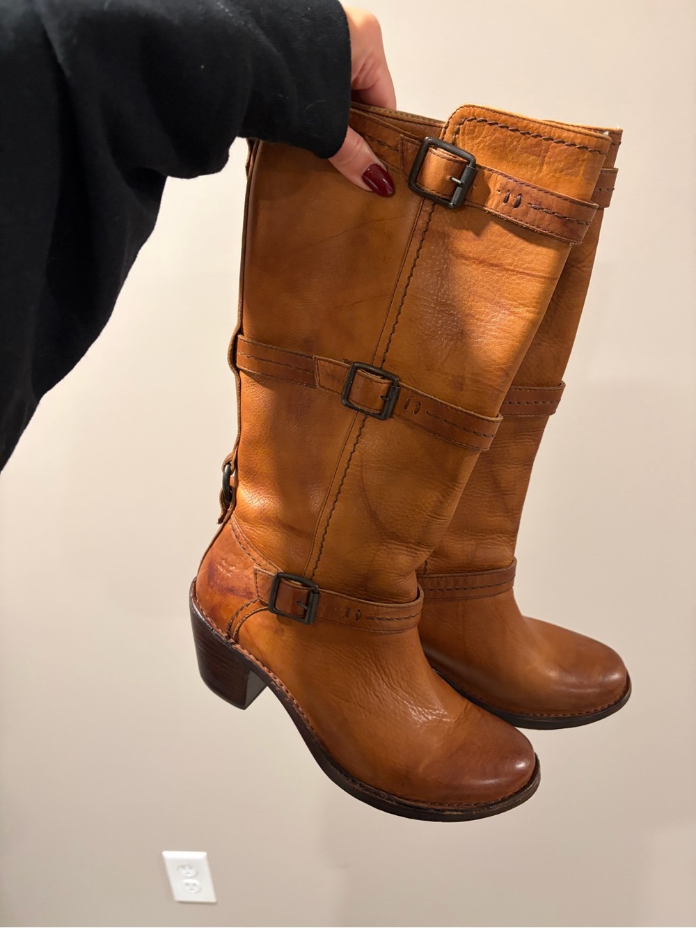 Frye Cognac Leather Mid-Calf Buckle Boots